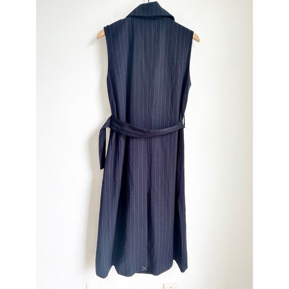 Ann Taylor Pinstripe Belted Trench Vest Navy/White Combo Medium - Picture 3 of 9